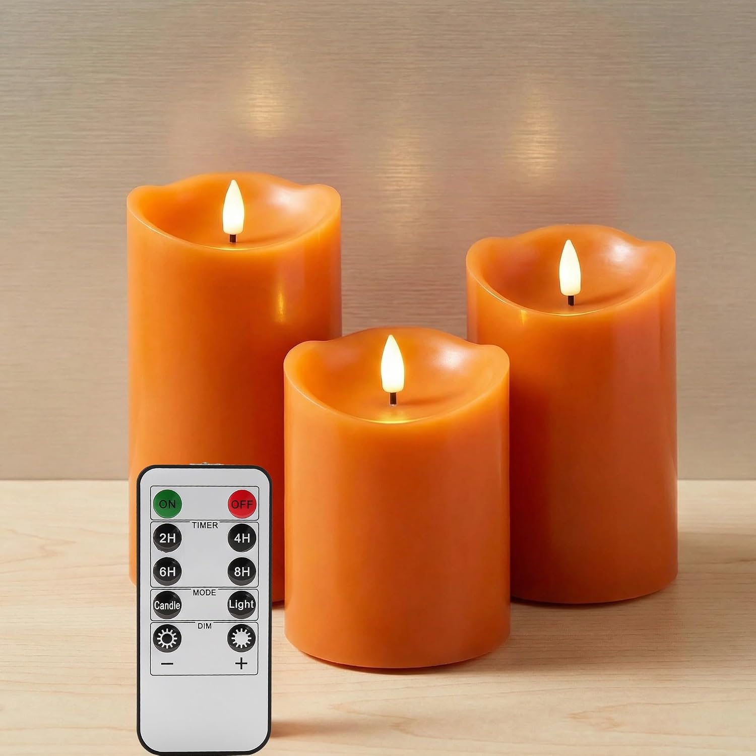 Burnt Orange Flameless Pillar Candles with Remote, LED Wax Candles Flickering Table Centerpiece Decor Set of 3