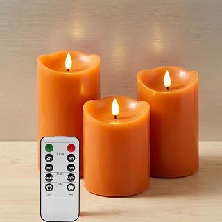 Burnt Orange Flameless Pillar Candles with Remote, LED Wax Candles Flickering Table Centerpiece Decor Set of 3