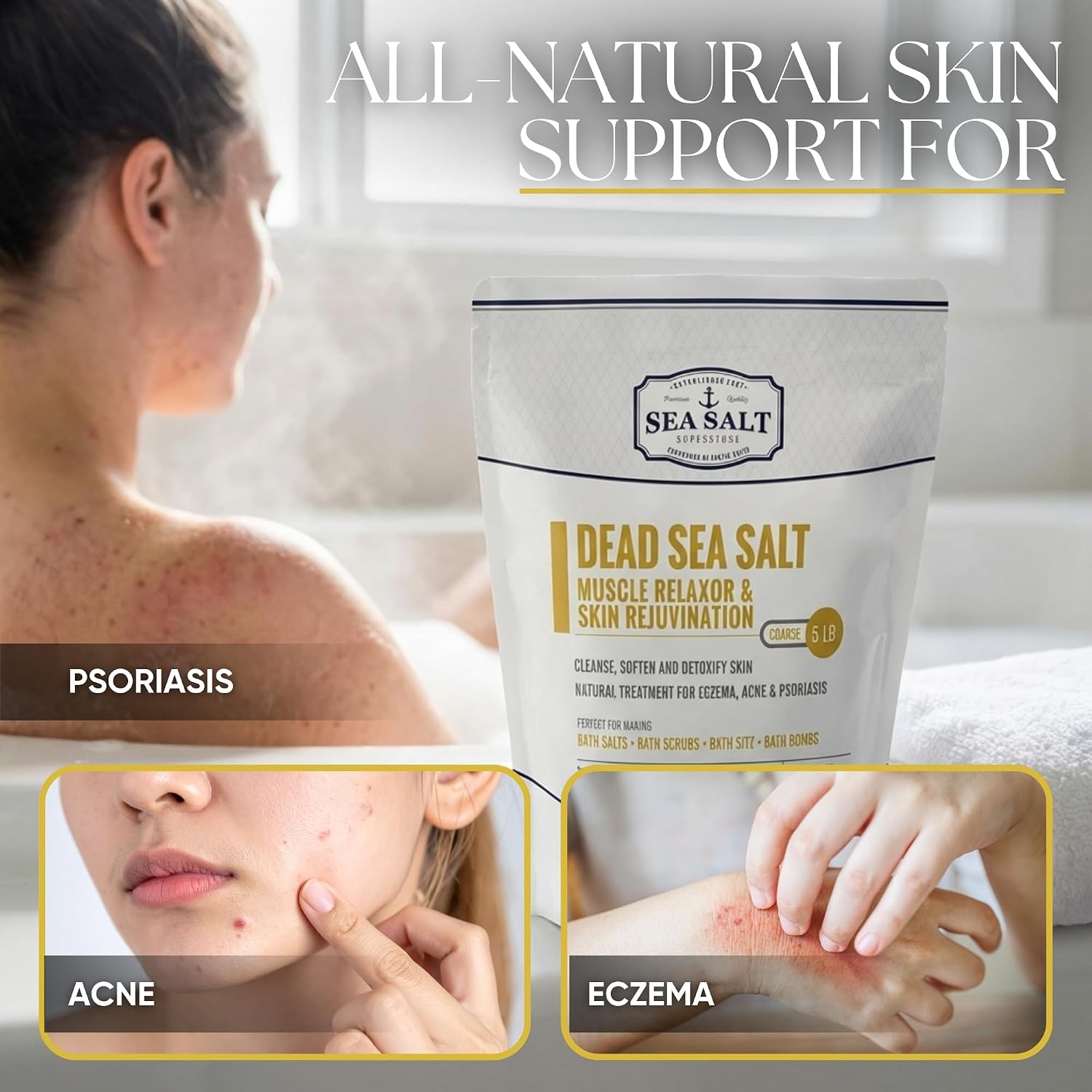 Sea Salt Superstore Natural Dead Sea Salt for Soaking - Coarse Grain Mineral Bath Salts from Israel Supporting Muscle Relaxation & Skin Rejuvenation - Home Spa Essentials - (5lb Bag)