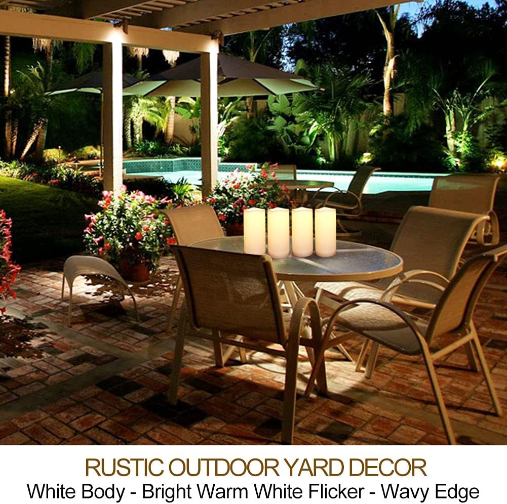 Pack of 4 White LED Candles Outdoor 3x6 - Unscented IP65 Waterproof Battery Powered Flameless LED Pillar Candles with Remote and Timer - Battery Operated Flameless Candle Flickering
