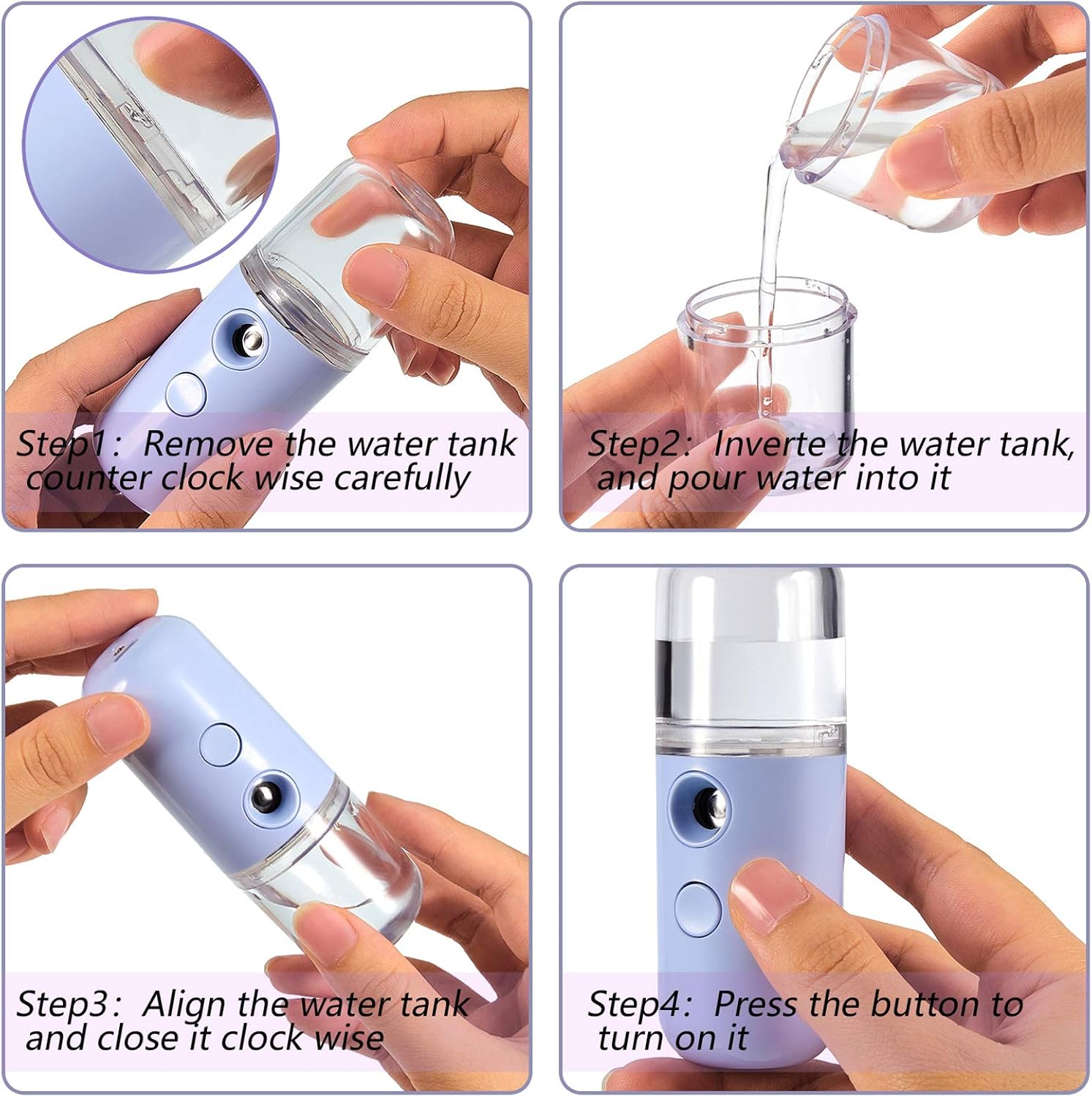 Mudder 4 Pcs Nano Facial Mister Handy Nano Mist Sprayer 30ml Visual Water Tank Portable Face Steamer Mini USB Mister for Lash Extensions, Skin Care, Makeup(White, Black, Blue, Pink)