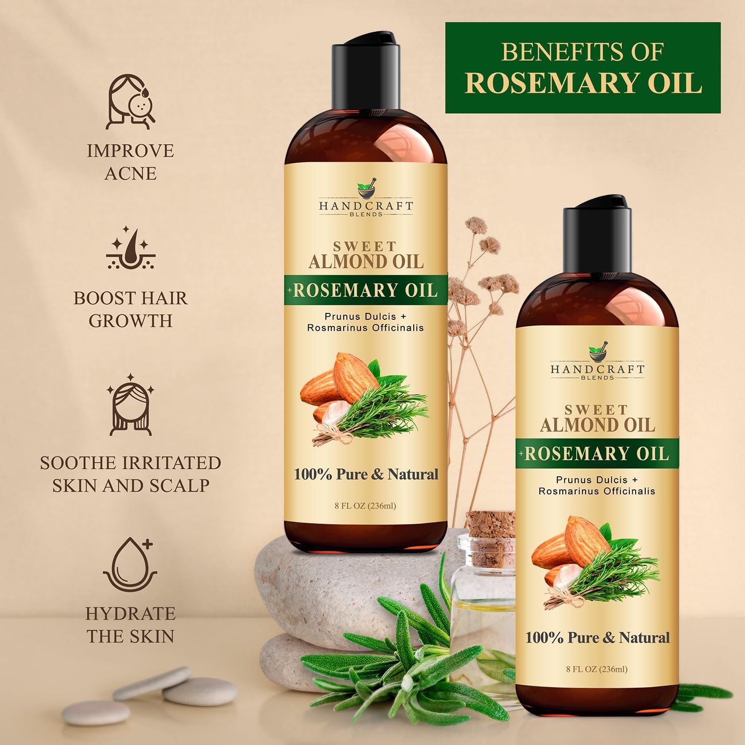 Handcraft Blends Sweet Almond Oil | 100% Pure and Natural | Bath & Body Oil | Premium Grade Carrier Oil | Skin | Hair | Body | Massage | Hexane-Free | with Rosemary Oil | 8 Fl Oz