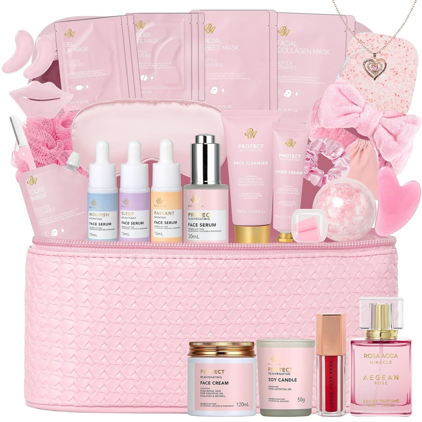 Gifts for Women, Birthday Gifts, 33 Pcs Rose Hydrating Face Skin Care Gifts Set, Bath & Body Spa Gifts Basket Set for Women, Beauty Care Kit, Makeup Bag, Face Serum, Christmas, Anniversary, Wife, Mom