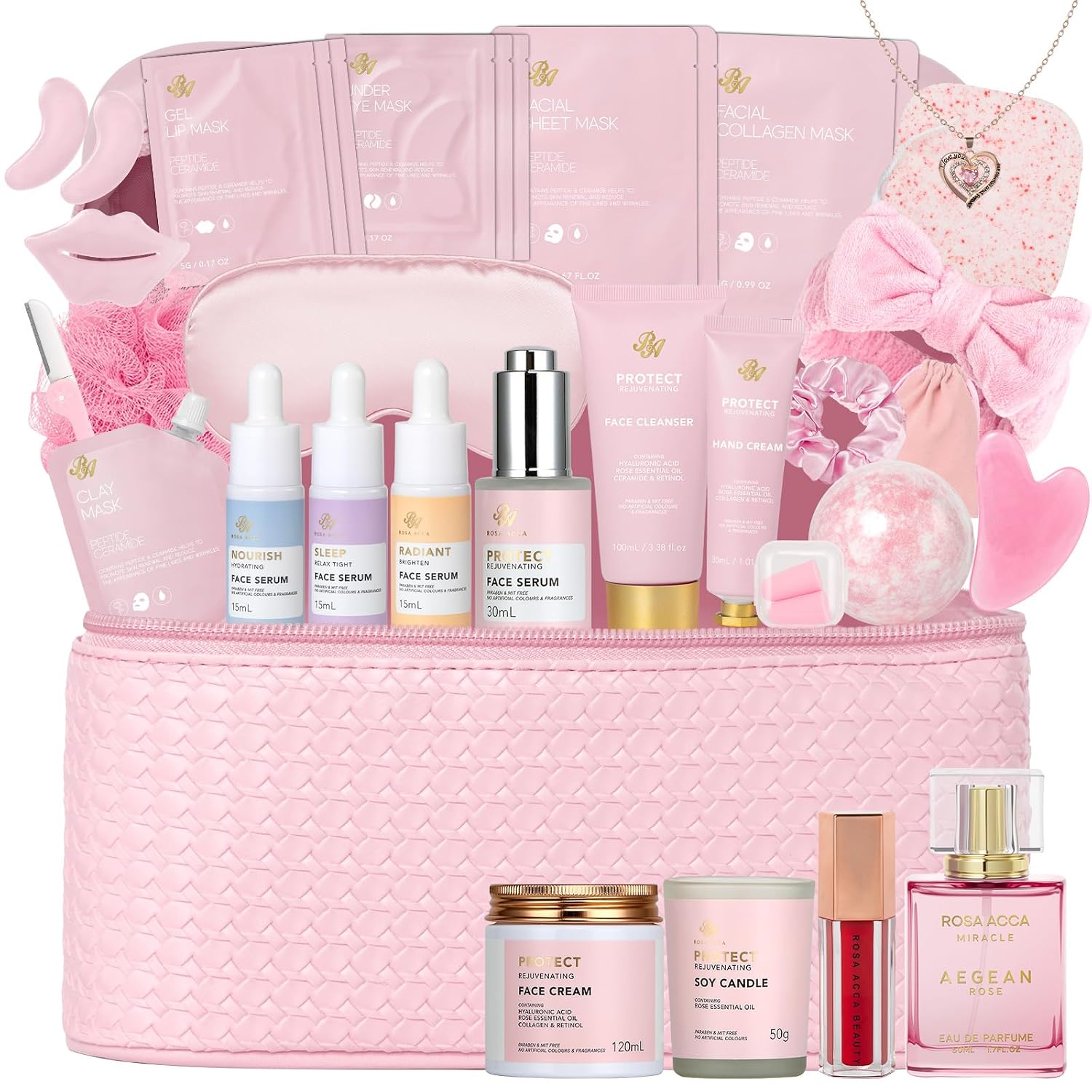 Gifts for Women, Birthday Gifts, 33 Pcs Rose Hydrating Face Skin Care Gifts Set, Bath & Body Spa Gifts Basket Set for Women, Beauty Care Kit, Makeup Bag, Face Serum, Christmas, Anniversary, Wife, Mom