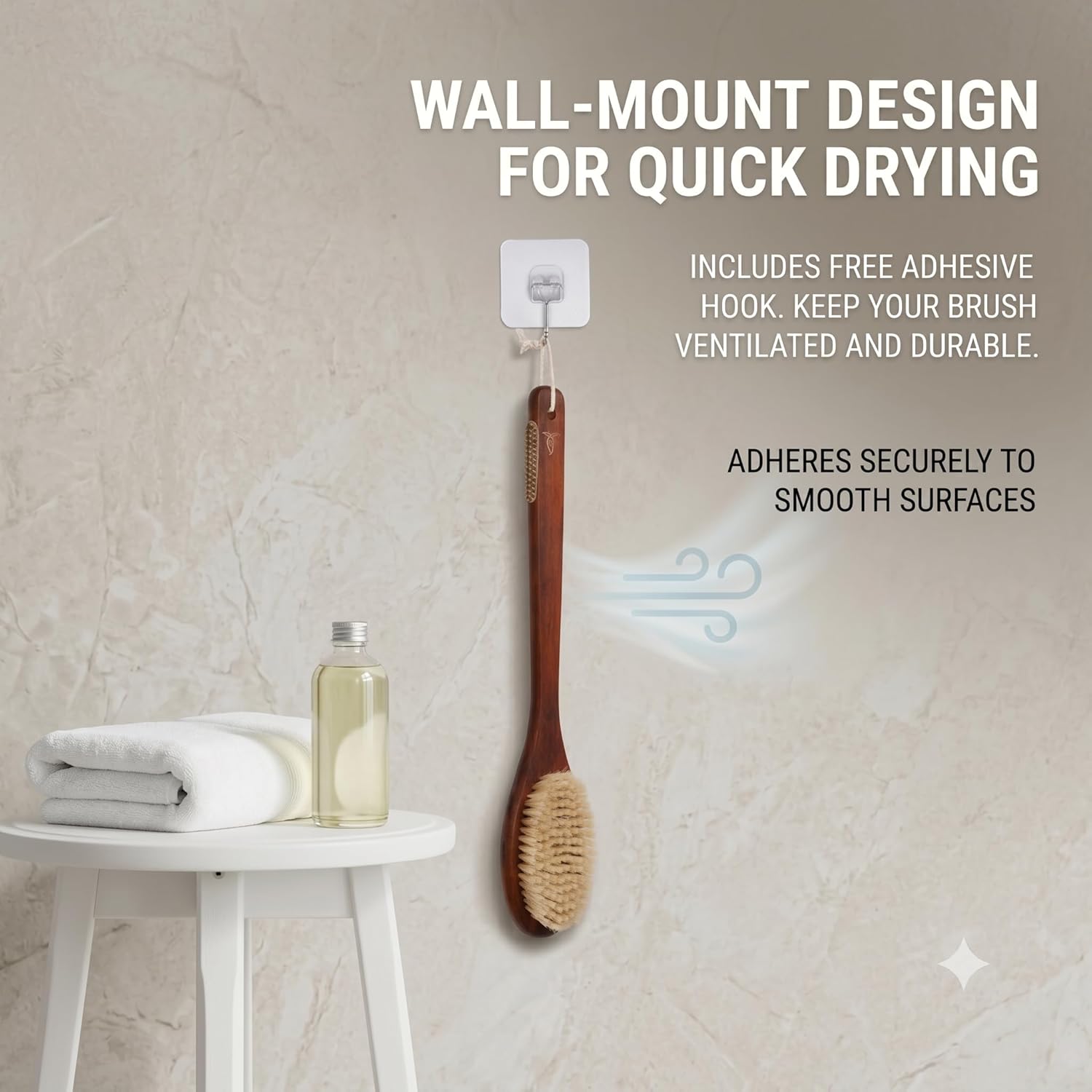 Wooden Bath Brush with Gentle Bristles Long Handle for Shower Back Scrubber Body Exfoliator (Gental Boar Bristle)