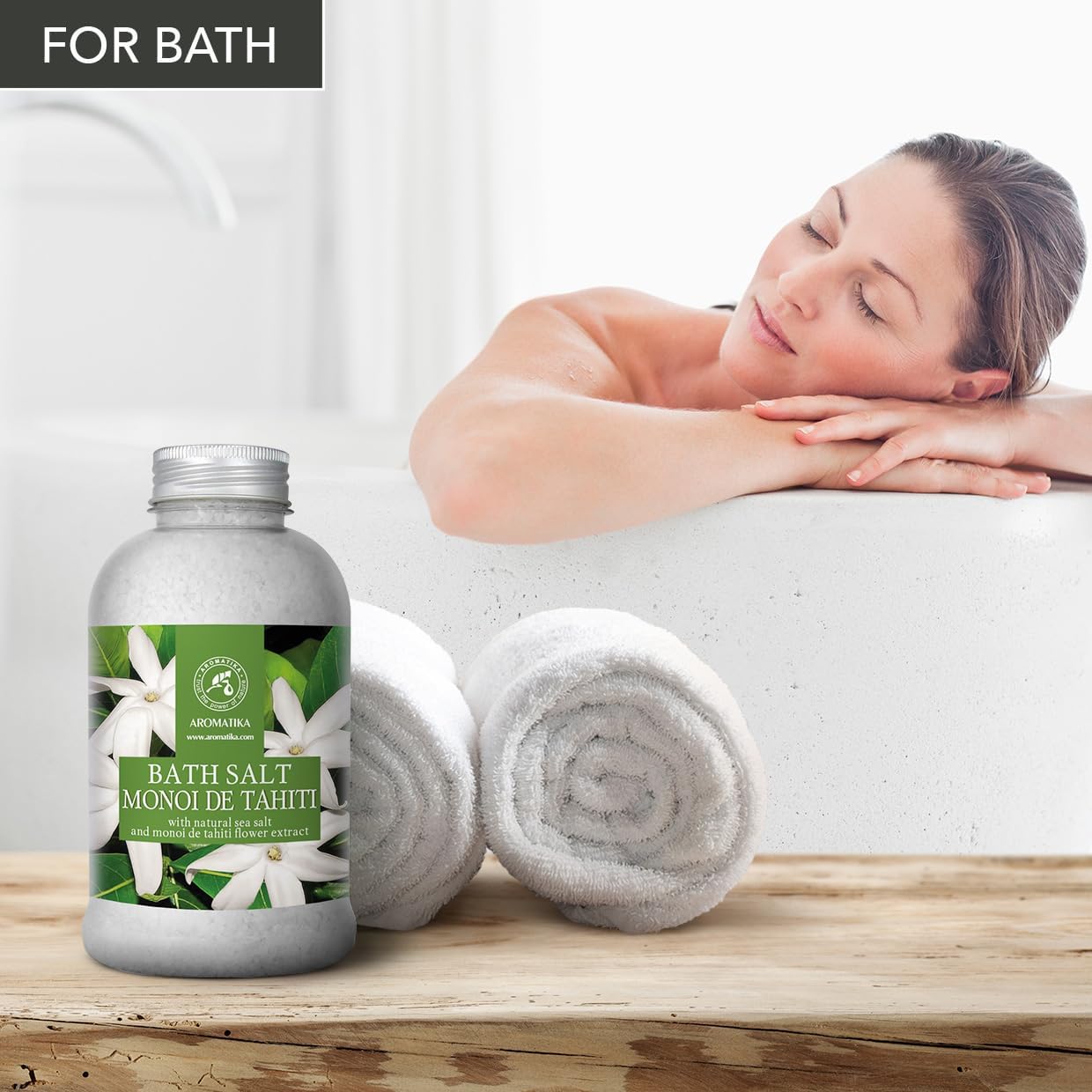 AROMATIKA Bath Salt Monoi de Tahiti 21.16 Oz (600g) - Coconut and Gardenia Flowers Scent - Relaxing Bath - Good Sleep - Aromatherapy - Sea Salt Bath
