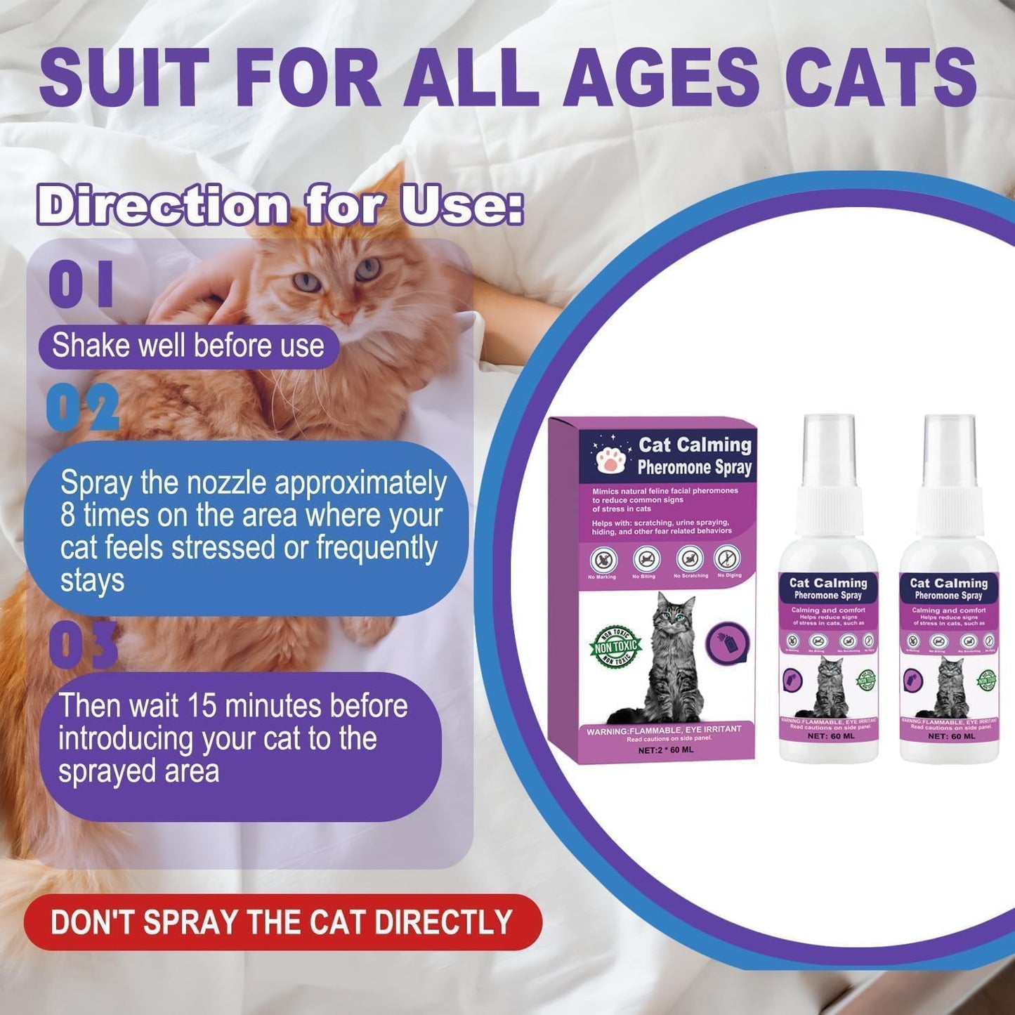 Cat Calming Spray with Pheromones – Anxiety & Stress Relief for Cats – Reduce Scratching Furniture, Urine Marking & Aggression – Calming Aid for Travel, Vet Visits & Home – 60-Day Supply (2 × 60 mL)