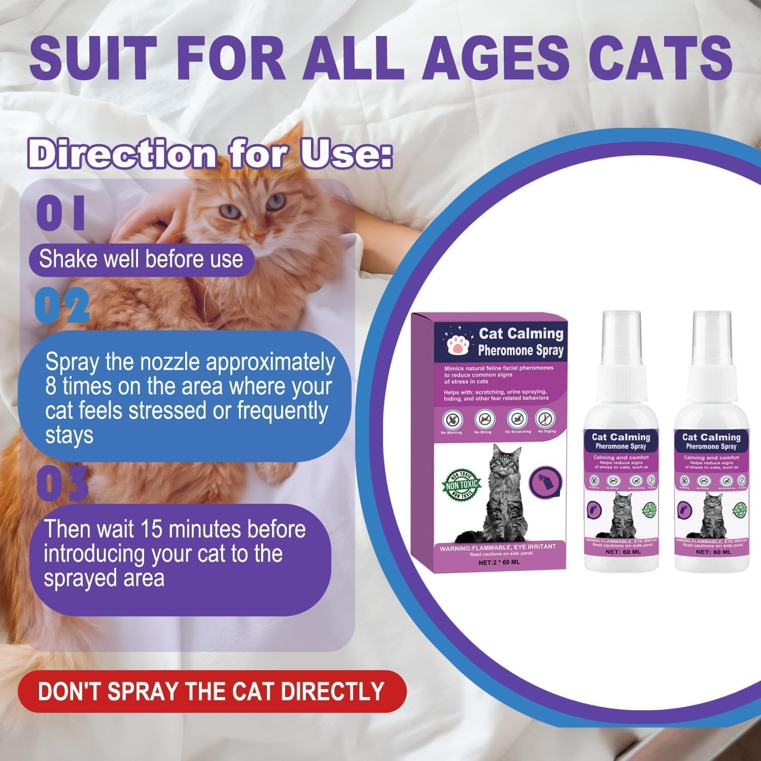 Cat Calming Spray with Pheromones – Anxiety & Stress Relief for Cats – Reduce Scratching Furniture, Urine Marking & Aggression – Calming Aid for Travel, Vet Visits & Home – 60-Day Supply (2 × 60 mL)