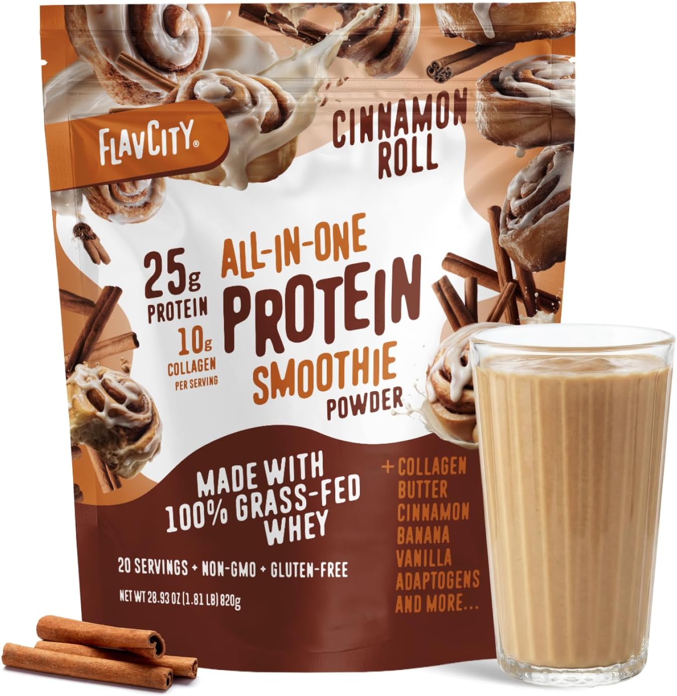 FlavCity All in One Protein Shake Powder, Cinnamon Roll - On the Go Meal Alternative + Collagen Peptides, Reishi & Cordyceps - Focus, Skin, Hair & Joint Support - 100% Grass Fed Whey, 20 Servings