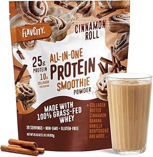 FlavCity All in One Protein Shake Powder, Cinnamon Roll - On the Go Meal Alternative + Collagen Peptides, Reishi & Cordyceps - Focus, Skin, Hair & Joint Support - 100% Grass Fed Whey, 20 Servings