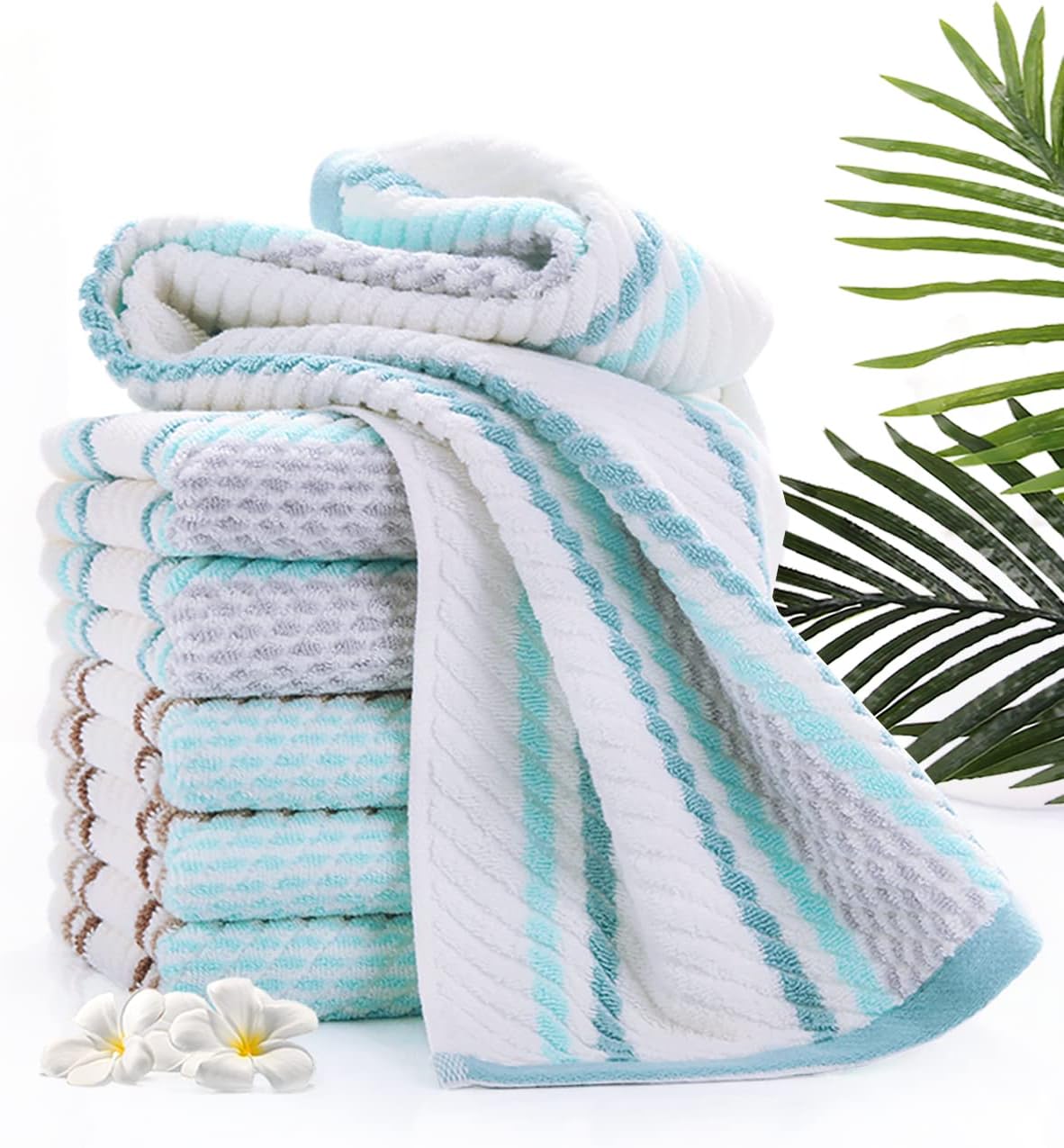 Pidada Hand Towels Set of 2 Striped Pattern 100% Cotton Soft Absorbent Decorative Towel for Bathroom (Green)