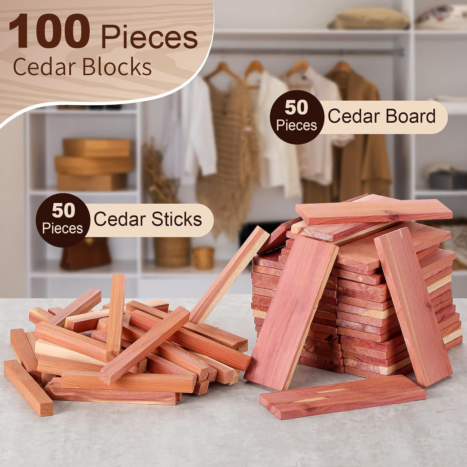 100 Pcs Cedar Blocks for Clothes Storage Natural Fragrance Wood Planks Cedar Chips with Balls/Sticks for Closet Storage Kitchen Wall and Drawer Accessories (Blocks and Sticks)