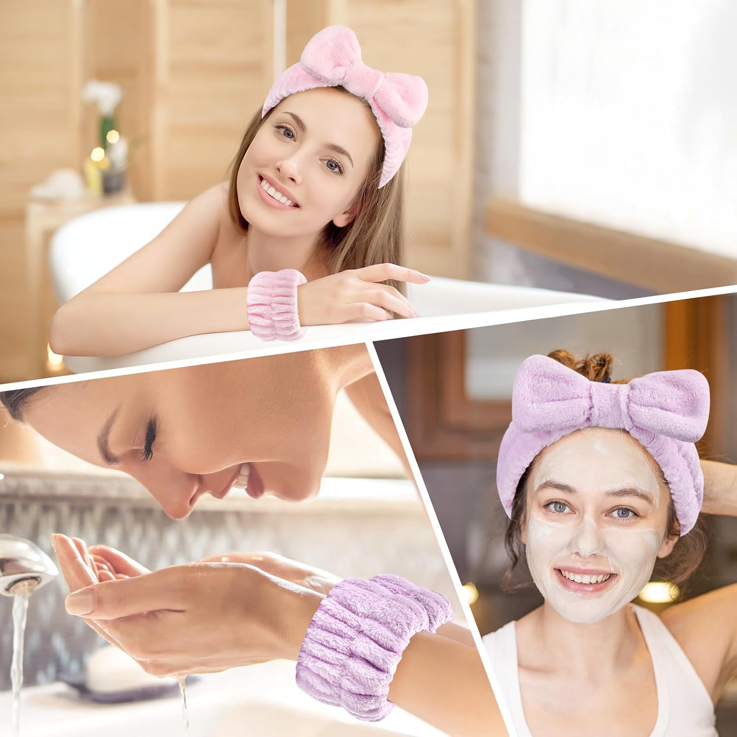 Dorbetar 6Pack Headband and Wristband Set for Washing Face, Spa Skincare Makeup Headband, Soft Puffy Hair Band Bow Tie, for Women and Teen Girl Trendy Stuff Gifts