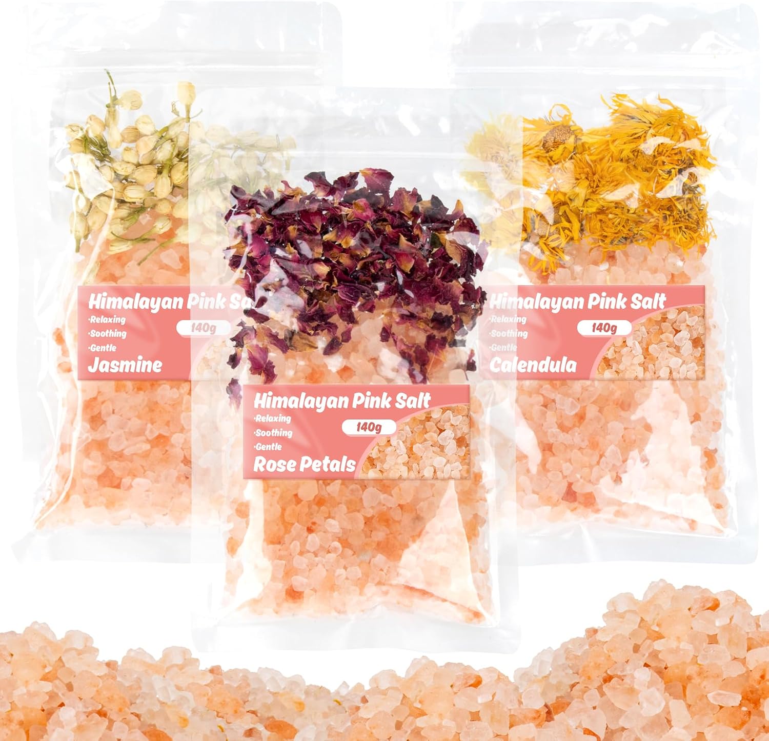 3 Pack Pink Bath Salts - Foot Soaking Salts Himalayan Pink Salt with Rose Petals Marigold and Jasmine Buds Himalayan Salt for Men and Women Nourishing Soothing and Relaxing Skin 140g(Pack of 1)