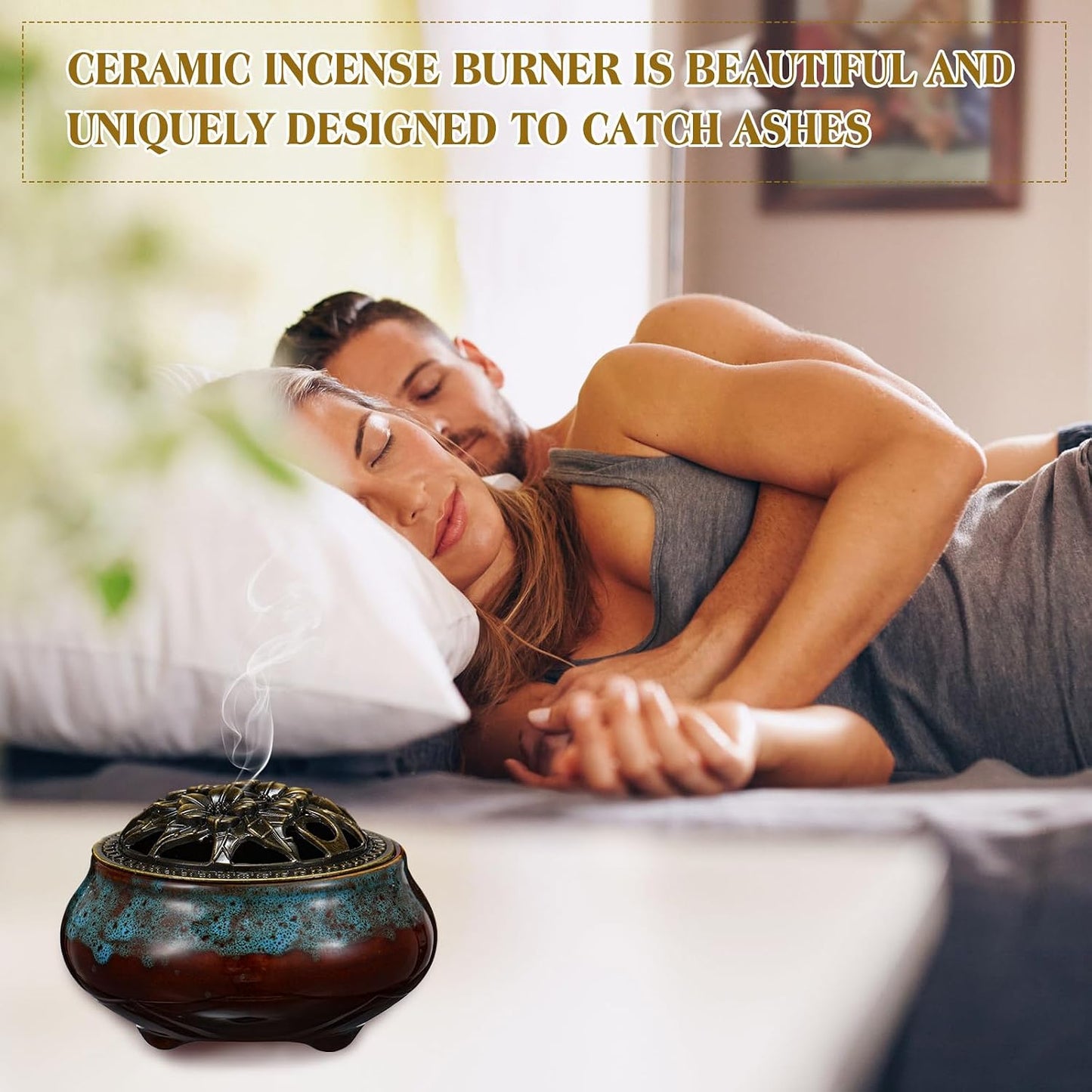 Maxcheck 4 Pcs Ceramic Incense Burner with Copper Lid Metal Incense Holder Lotus Cone Burner for Sandalwood Palo Santo Sage Cones Meditation Yoga Spa Gifts Room Decor(Blue)