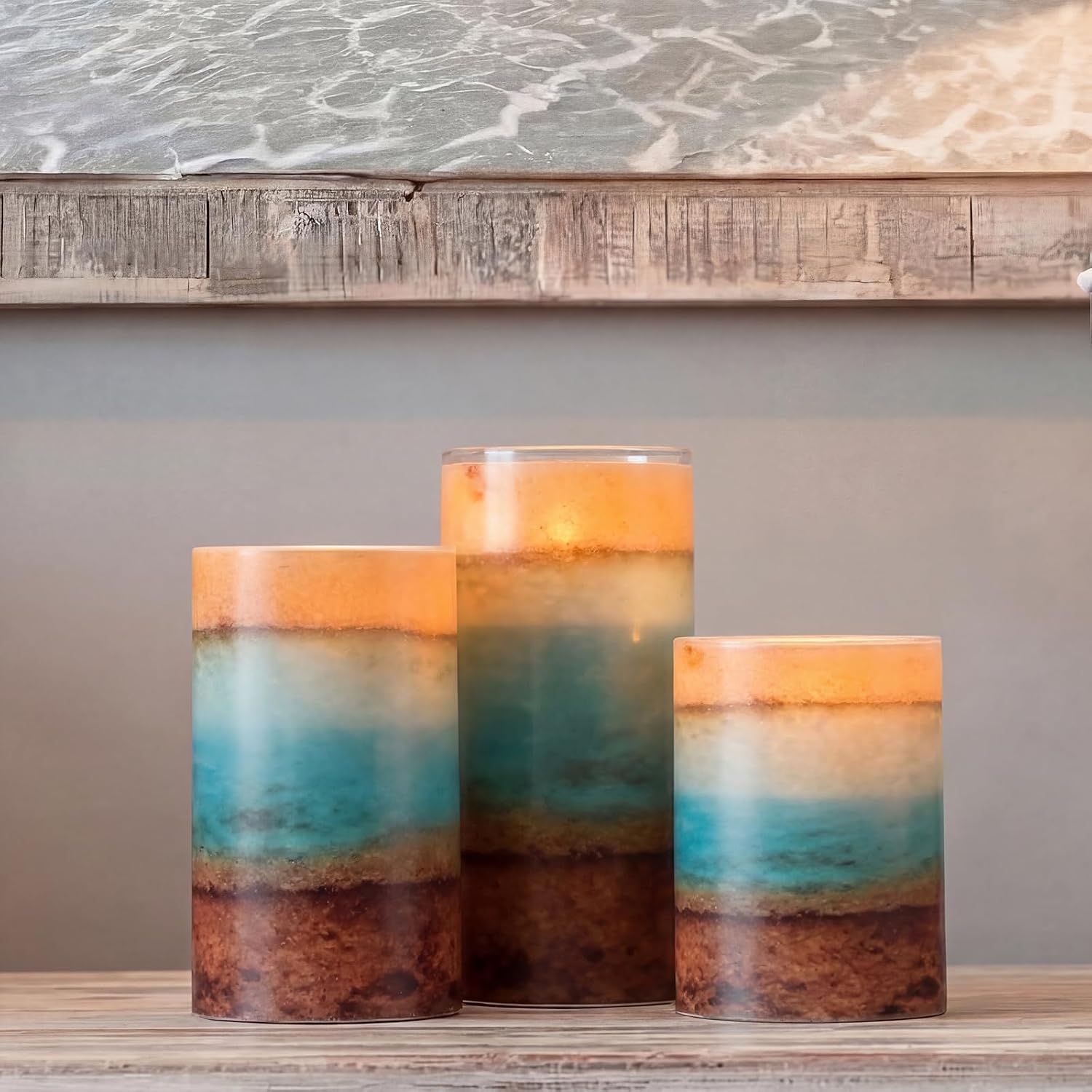 Tujoe 3 Pcs Summer Ocean Flameless Candles Teal Beach LED Battery Pillar Candles Set Battery Operated Coastal Nautical Decorations Flickering Gifts with Remote Decorations for Holiday