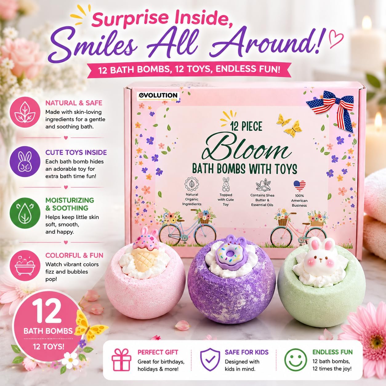 EvolutionUSA 12 Bloom Bath Bombs with Toys - Adorable Girl Bath Bomb Set, Bubbly Kids Bathbombs, Fizzy Bath Ball, Kids Bath Bombs for Girls, Childrens Bath Bomb Set Easter, Birthday, Christmas Gift