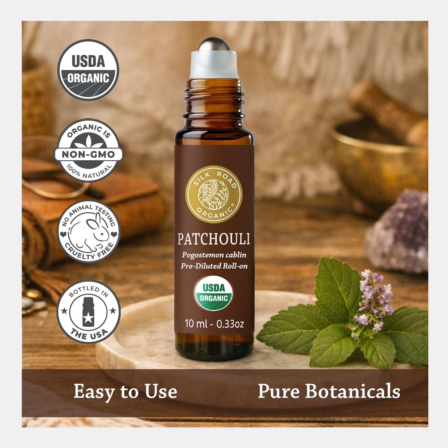 Silk Road Organic Patchouli Essential Oil Roll On, USDA Certified - Uplift Mood, Enhance Attraction, Ease Stress & Relax - 10 ml Aromatherapy Roller