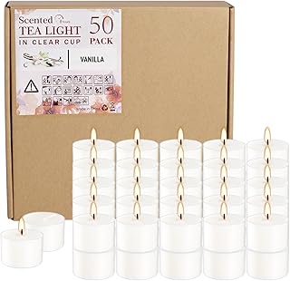 Set of 50 White Scented Tealight Candles Bulk, Vanilla Fragrance Wax with Clear Container, for Restaurant Dinner Weddings Baby Showers, Long Burning, 8 Hours