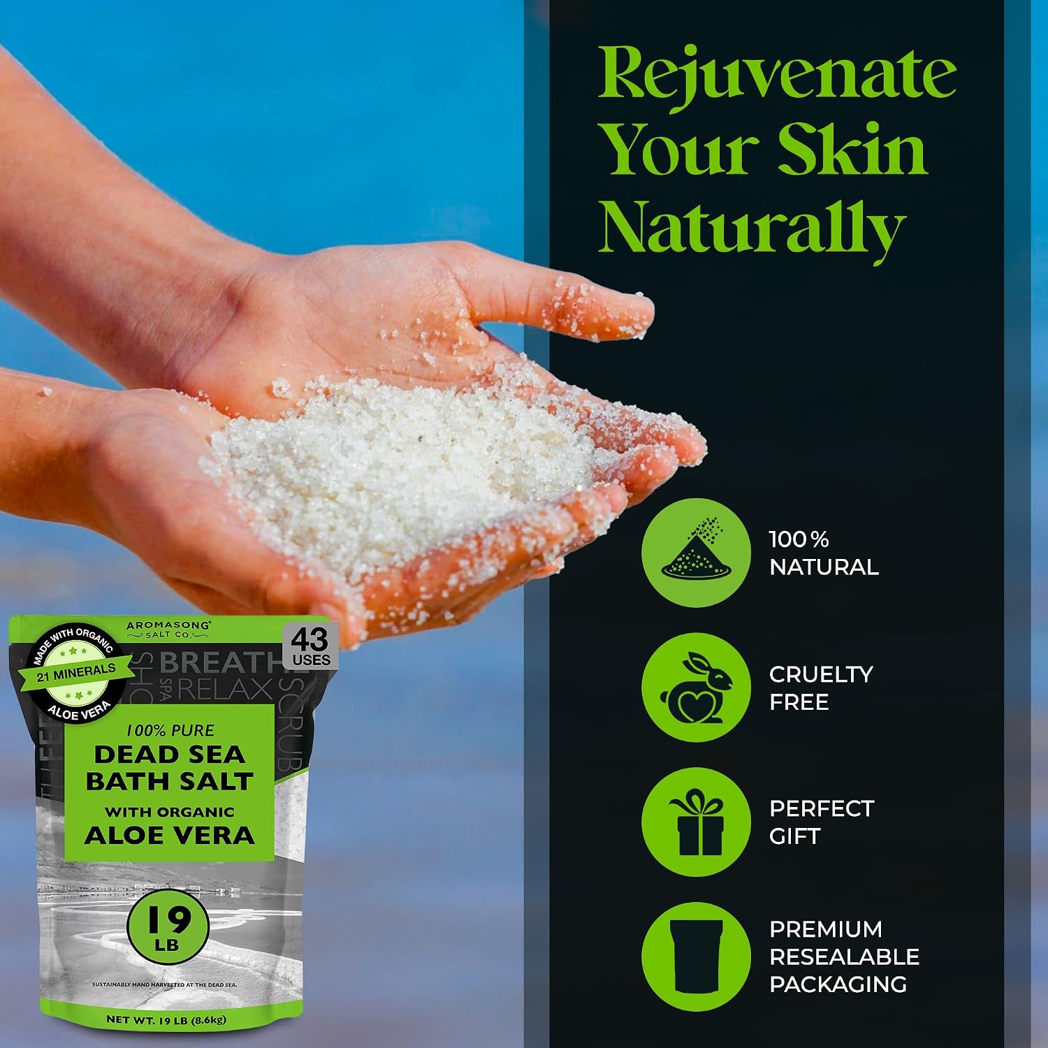 Aromasong Dead Sea Salt with Organic Aloe Vera, Spa Bath Salts, 19 Lbs Fine Bulk resealable Pack, 100% Pure & Natural, Soak for Women & Men for Tired Muscles & Skin Issues (Packaging May Vary)