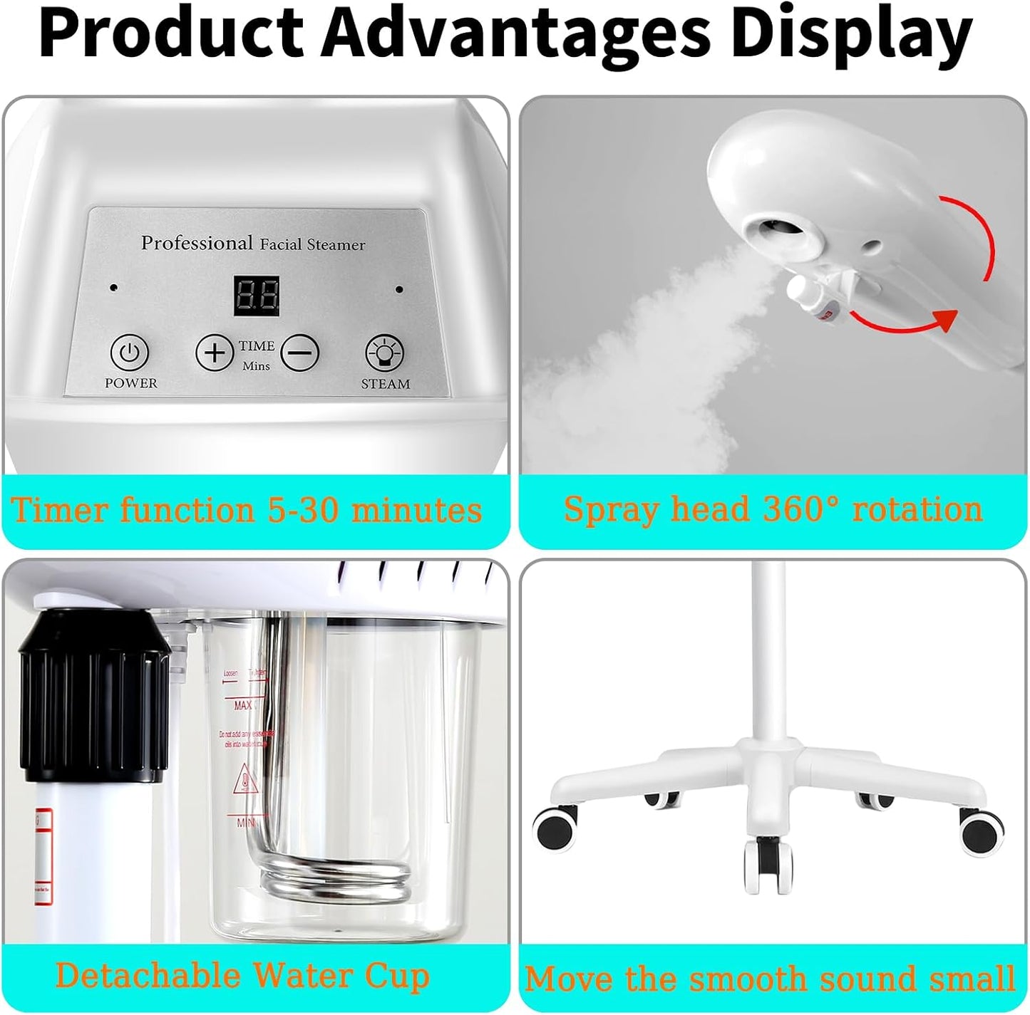 Professional Facial Steamer for Deep Cleansing and Hydration, Ozone Spa Face Steamer on Wheels, Adjustable Height and Angle,Estheticians Steamer More Steam,Suitable for Beauty, Spa and Home Use
