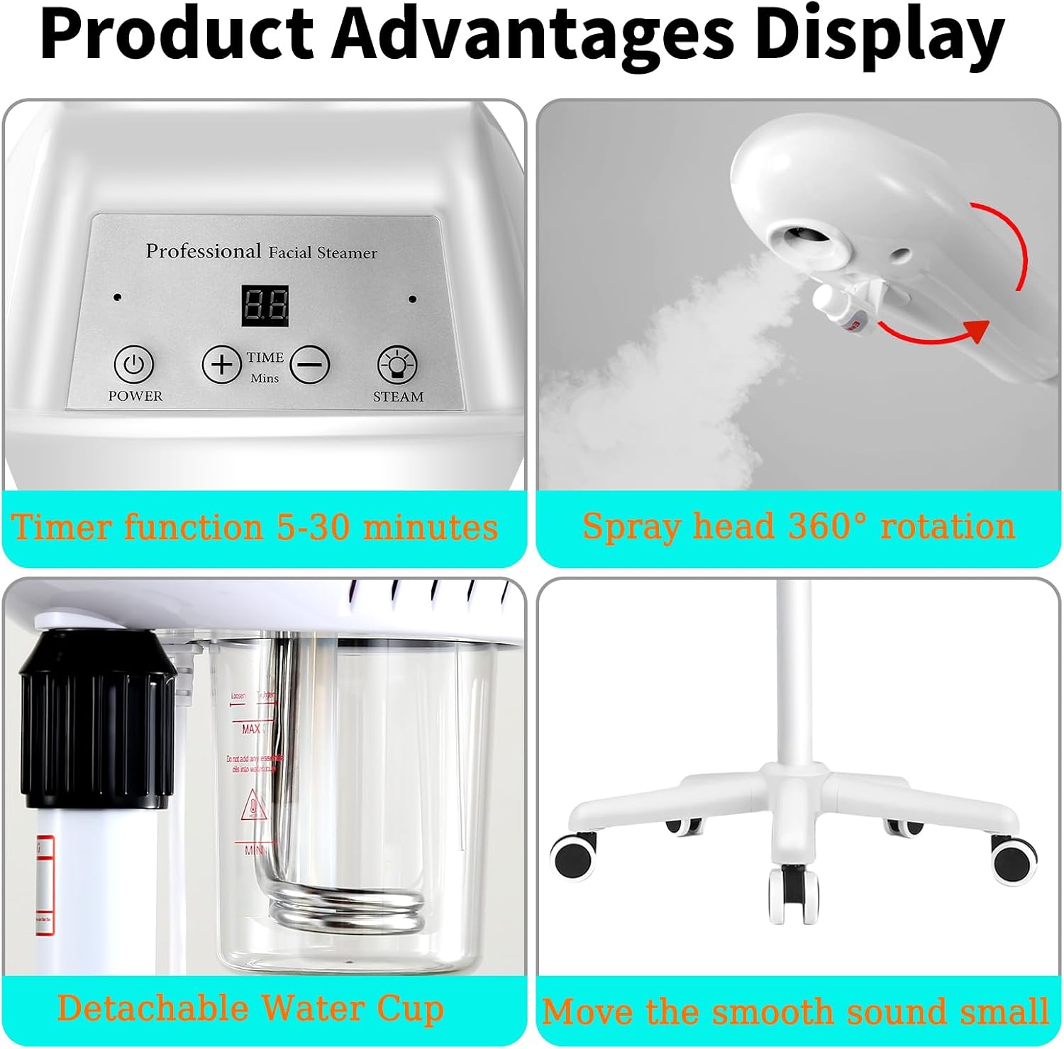 Professional Facial Steamer for Deep Cleansing and Hydration, Ozone Spa Face Steamer on Wheels, Adjustable Height and Angle,Estheticians Steamer More Steam,Suitable for Beauty, Spa and Home Use