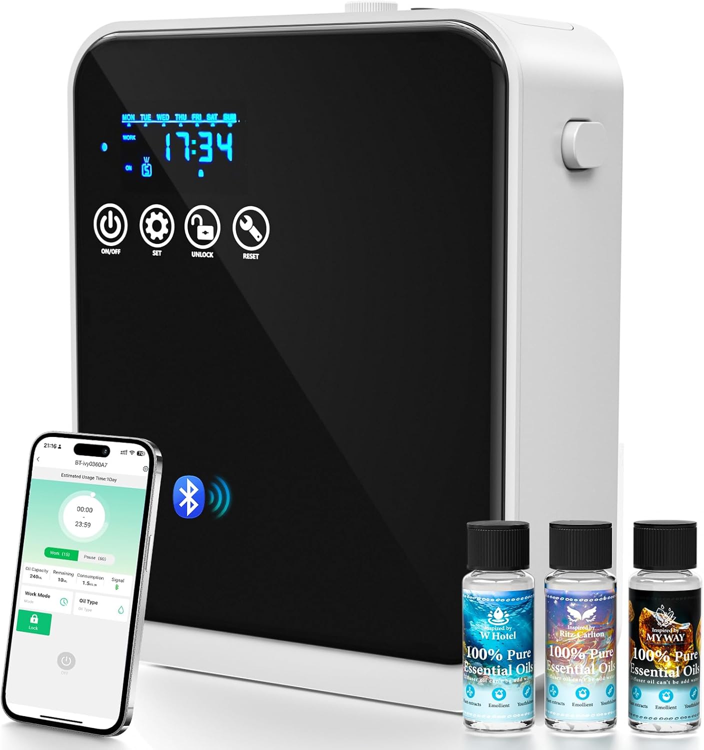 Waterless Essential Oil Diffuser,Home Hotel Aromatherapy Scent Diffuser,Whole House Oil Diffuser with APP Control & Touch Screen,1500 sq.ft Coverage,Adjustable Level & Auto Timer,Quiet,Father's Day