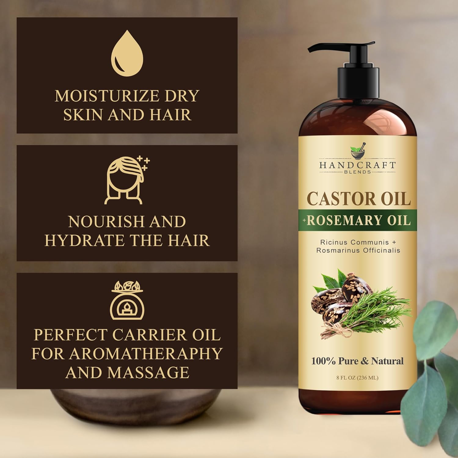 Handcraft Blends Castor Oil with Rosemary and Coconut Oils for Hair Growth, Eyelashes and Eyebrows - 100% Pure and Natural Hair, Body and Carrier Oil