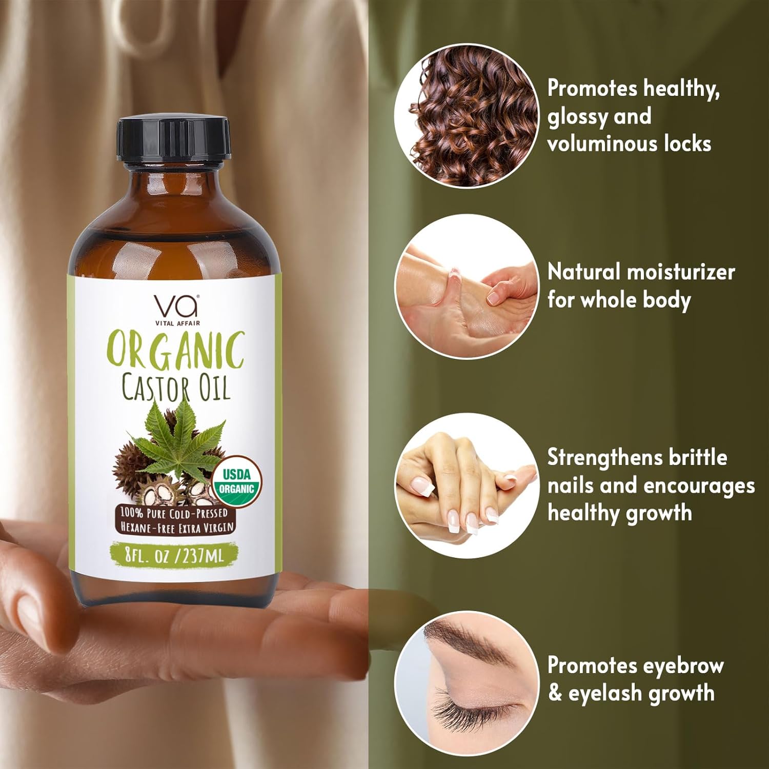 VITAL AFFAIR Castor Oil Organic Cold Pressed Unrefined Glass Bottle - USDA Certified Castor Oil For Hair Growth, Skin, Eyelashes, Eyebrows & Nails - 8 Fl Oz
