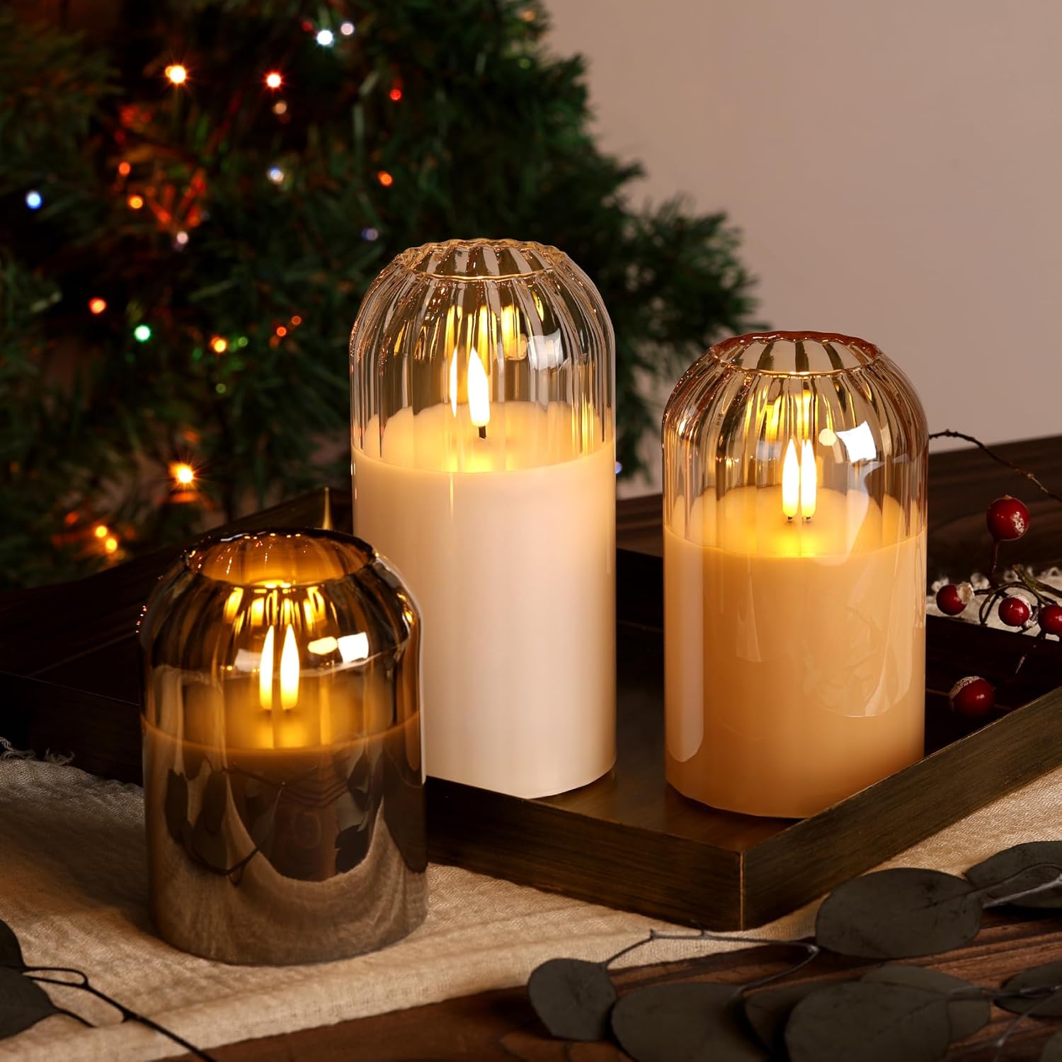 Clear Glass Flameless Candles with Remote, Flickering LED Pillar Candles Battery Powered Ribbed Dome Top Set of 3