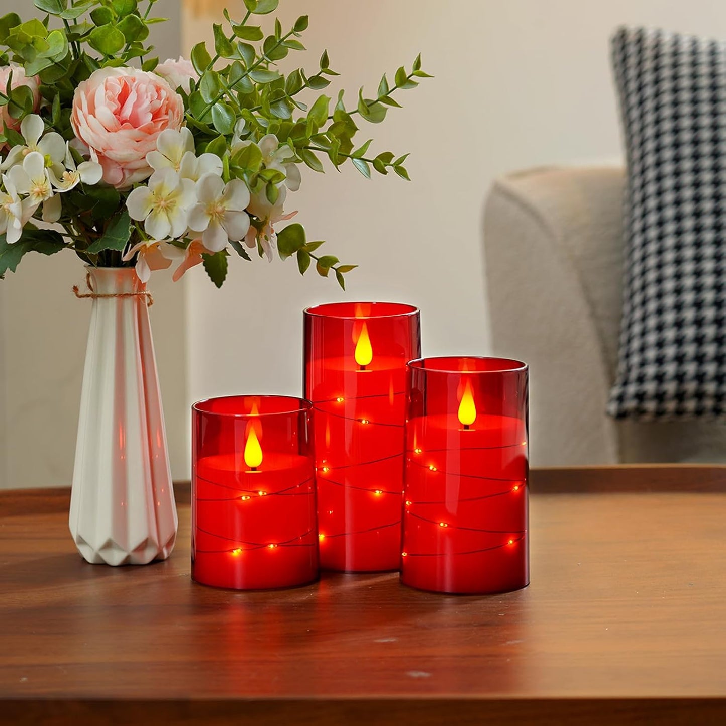 Amagic Red Flameless Candles 3 Set, Flickering Battery Operated Candles Embedded Fairy String Light, Realistic Pillar Candle with Remote Control and Timer, Acrylic, D3 x H4 5" 6"