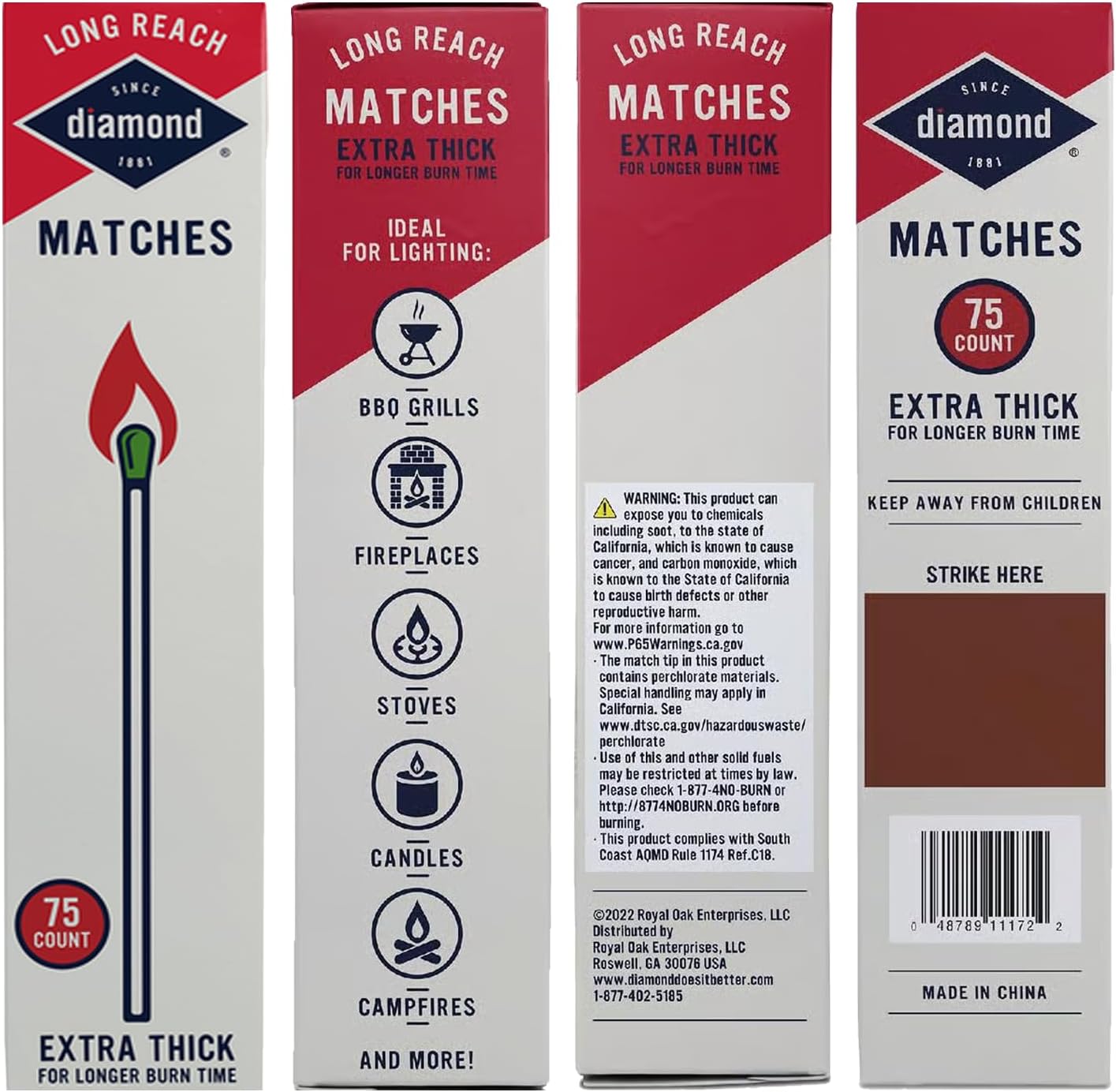 Diamond Long Reach Matches 75 Count (2 Pack Total 150 Matches) Strike on Box Wooden Matches for Fireplace, Grill, Candles & Camping – Long Burn Time Safety Matches