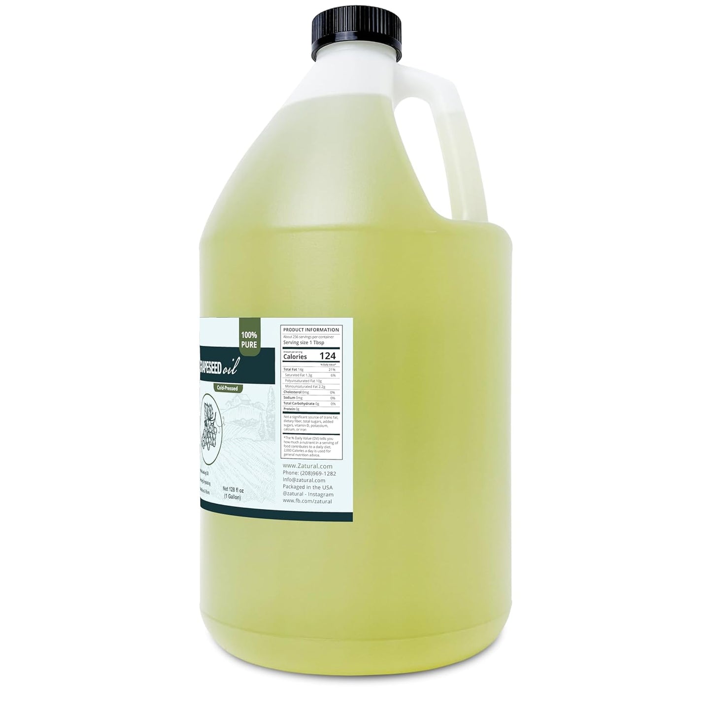 Zatural Grapeseed Oil Naturally Grown 100% Pure Cold Pressed Virgin High Tempurature Cooking Oil 128oz (1 Gallon)