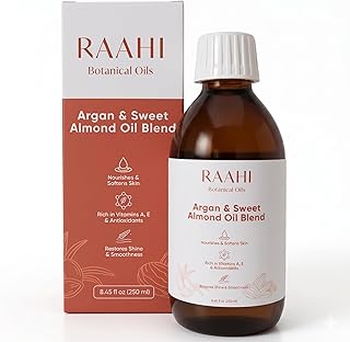RAAHI Argan Oil and Sweet Almond Oil for Hair and Skin, 8.45 fl oz / 250 ml, Lightweight Non Greasy Moisturizer for Face, Body, Scalp and Hair