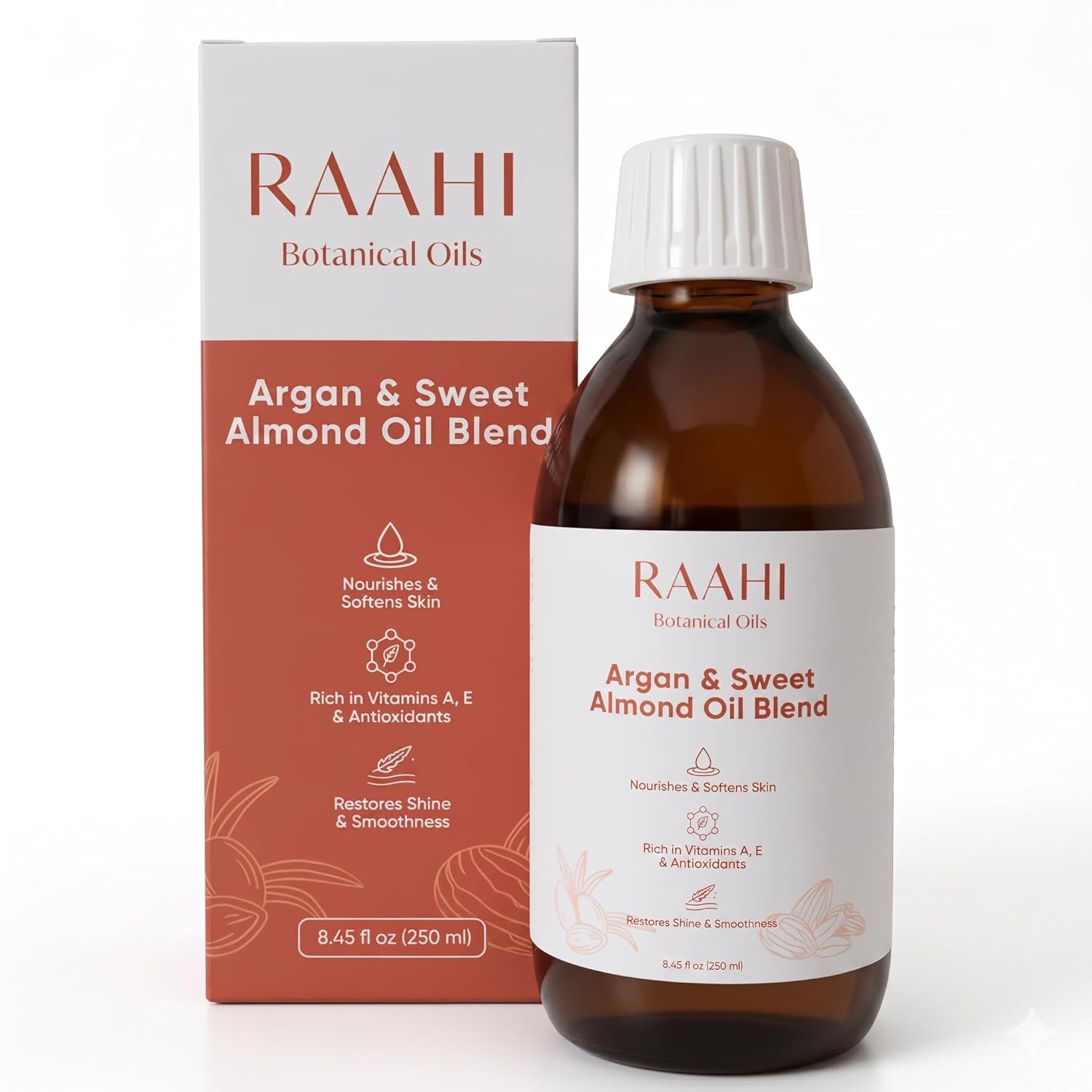 RAAHI Argan Oil and Sweet Almond Oil for Hair and Skin, 8.45 fl oz / 250 ml, Lightweight Non Greasy Moisturizer for Face, Body, Scalp and Hair