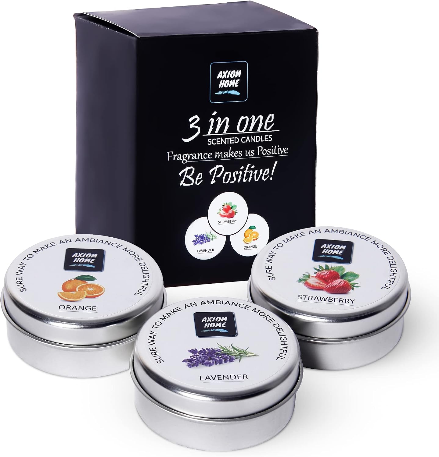 Axiom Pack of 3 Light Scented Tin Candles 12 Hours Long Lasting Combo Strawberry Orange Lavender Smokeless Stress Relief & Aromatherapy Natural Candle Gift for Mothers Day & Valentine's Day