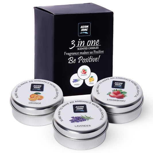 Axiom Pack of 3 Light Scented Tin Candles 12 Hours Long Lasting Combo Strawberry Orange Lavender Smokeless Stress Relief &