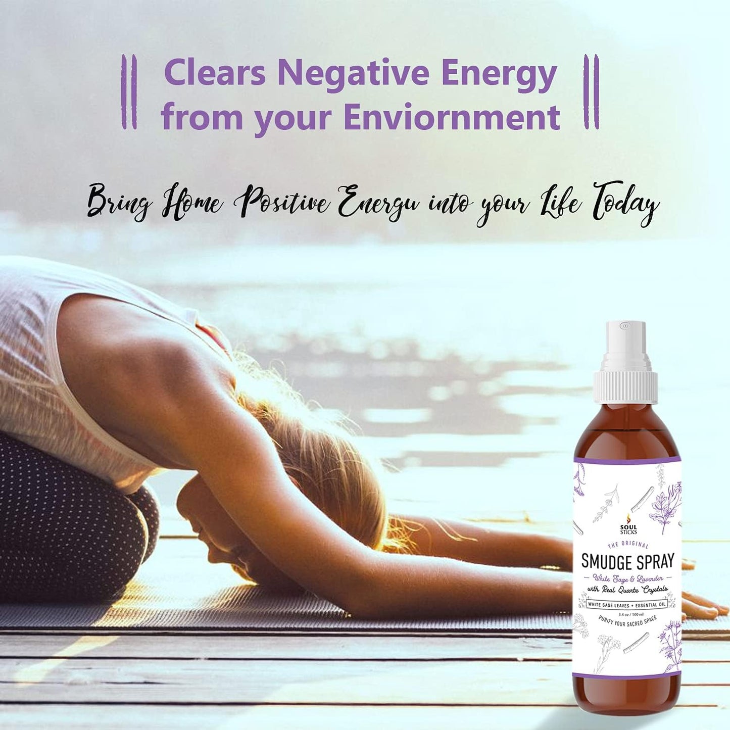 SOUL STICKS White Sage & Lavender Smudge Spray – 3.5oz Smokeless Mist with Quartz Crystals – Calming Essential Oil Spray for Sleep, Stress Relief, Meditation, and Energy Cleansing