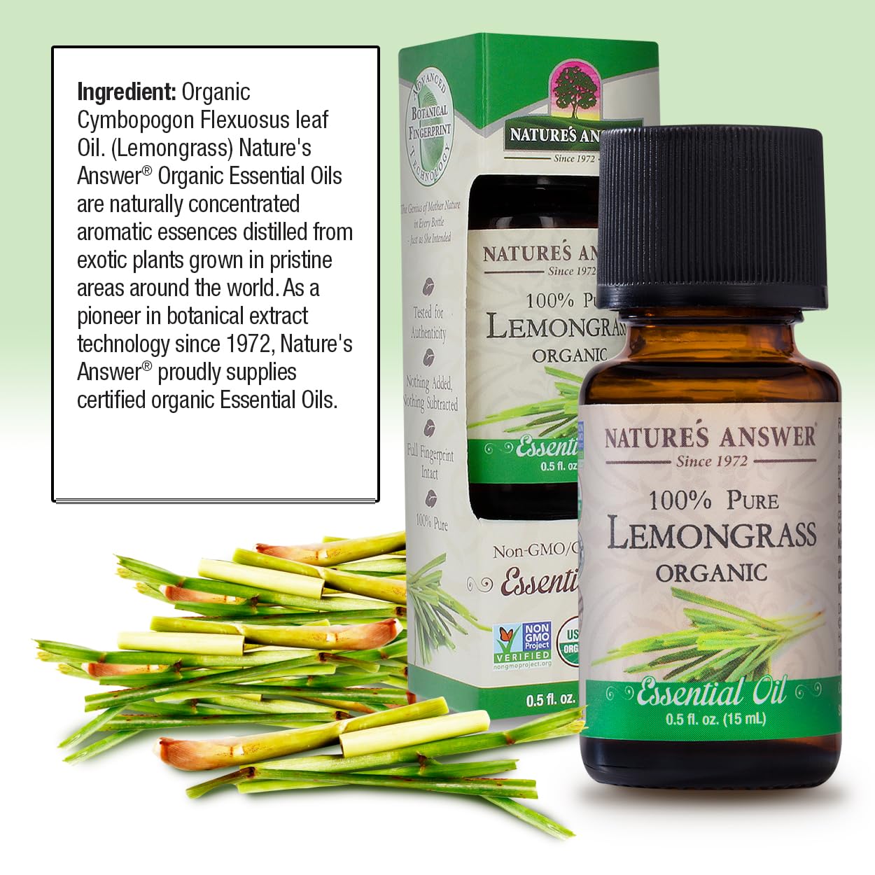 Nature’s Answer USDA Organic Lemongrass Essential Oil, 100% Pure | Natural Aromatherapy Oil for Diffuser/Humidifier, Steam Distilled 0.5 fl oz. (15ml) | Made in USA