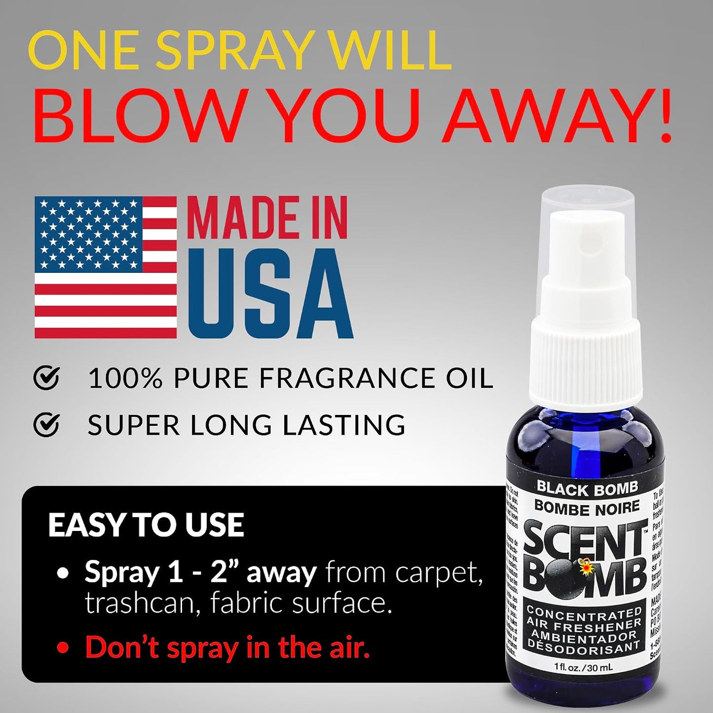 Scent Bomb Air Freshener Spray, Long-Lasting Odor Eliminator - Effective Deodorizer for Home & Car, Fresh Room Spray for Kitchen, Bathroom & Smell Neutralizer - 1 oz Pack of 4, Black Bomb Scent