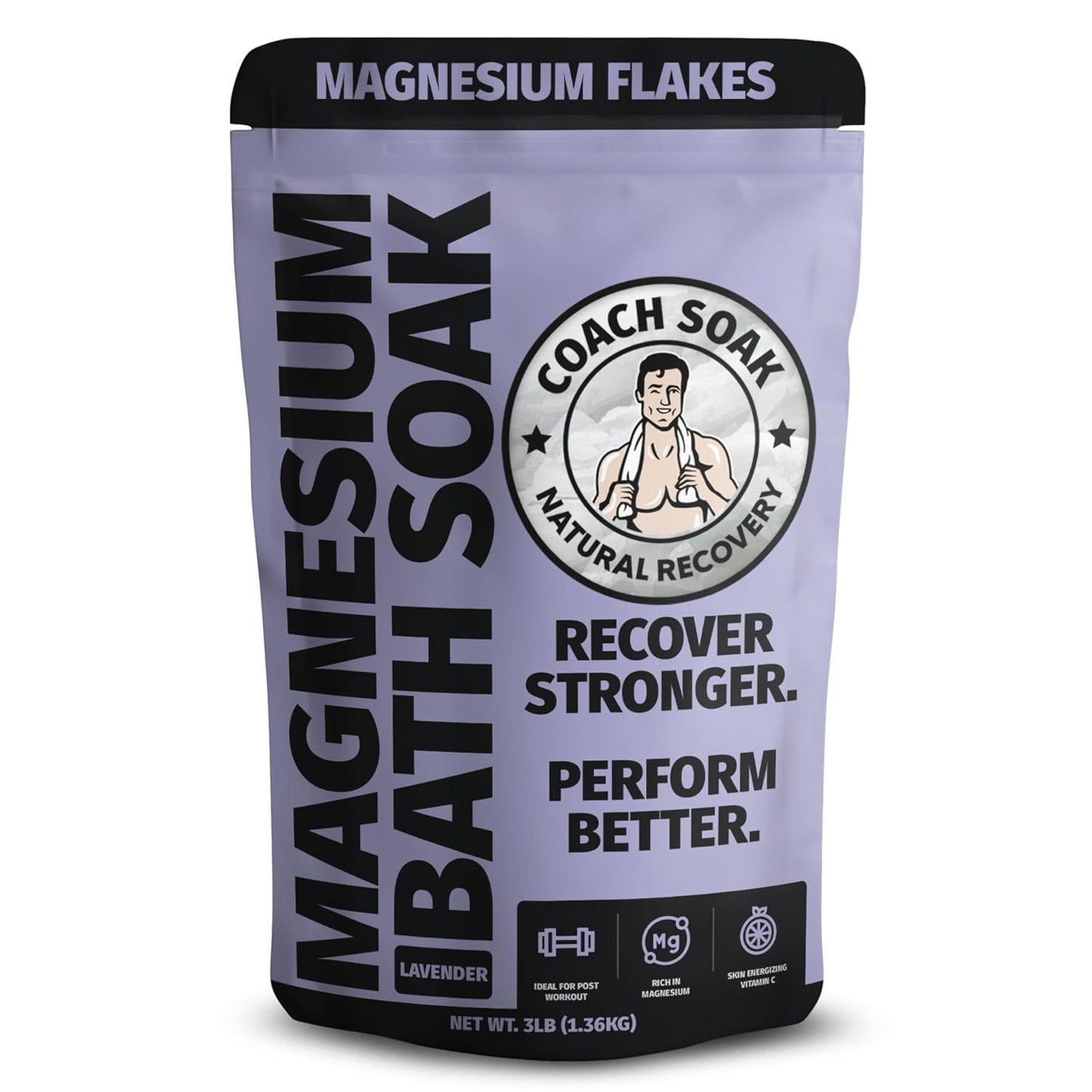 Coach Soak Recovery Bath Soak - Alternative to Epsom Salt Bath Soak - Fast-Absorbing Pure Magnesium Flakes & Dead Sea Salt with 21 Minerals, Bath Salts & Essential Oils - 3 lb, Calming Lavender