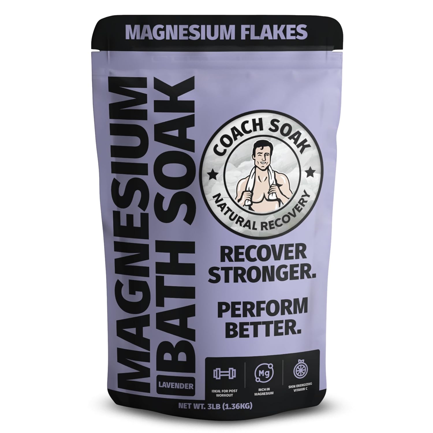Coach Soak Recovery Bath Soak - Alternative to Epsom Salt Bath Soak - Fast-Absorbing Pure Magnesium Flakes & Dead Sea Salt with 21 Minerals, Bath Salts & Essential Oils - 3 lb, Calming Lavender