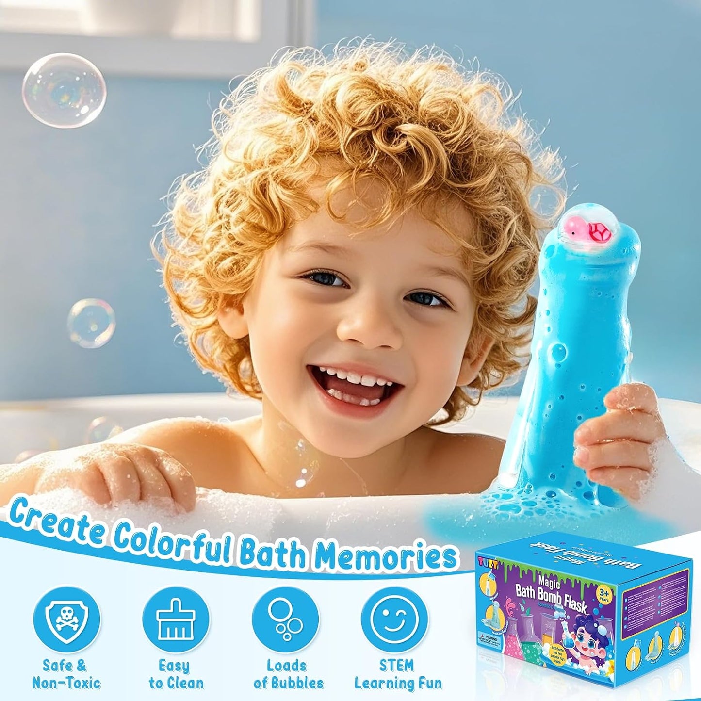 TUZT Kids Bath Bombs Science Kit - 12 Glow-in-the-Dark Surprise Toys & 6 Fizz Potion Bottles for Ages 3-8, STEM Bath Time Fun, Non-Toxic Easy Clean, Perfect Christmas Birthday Gift