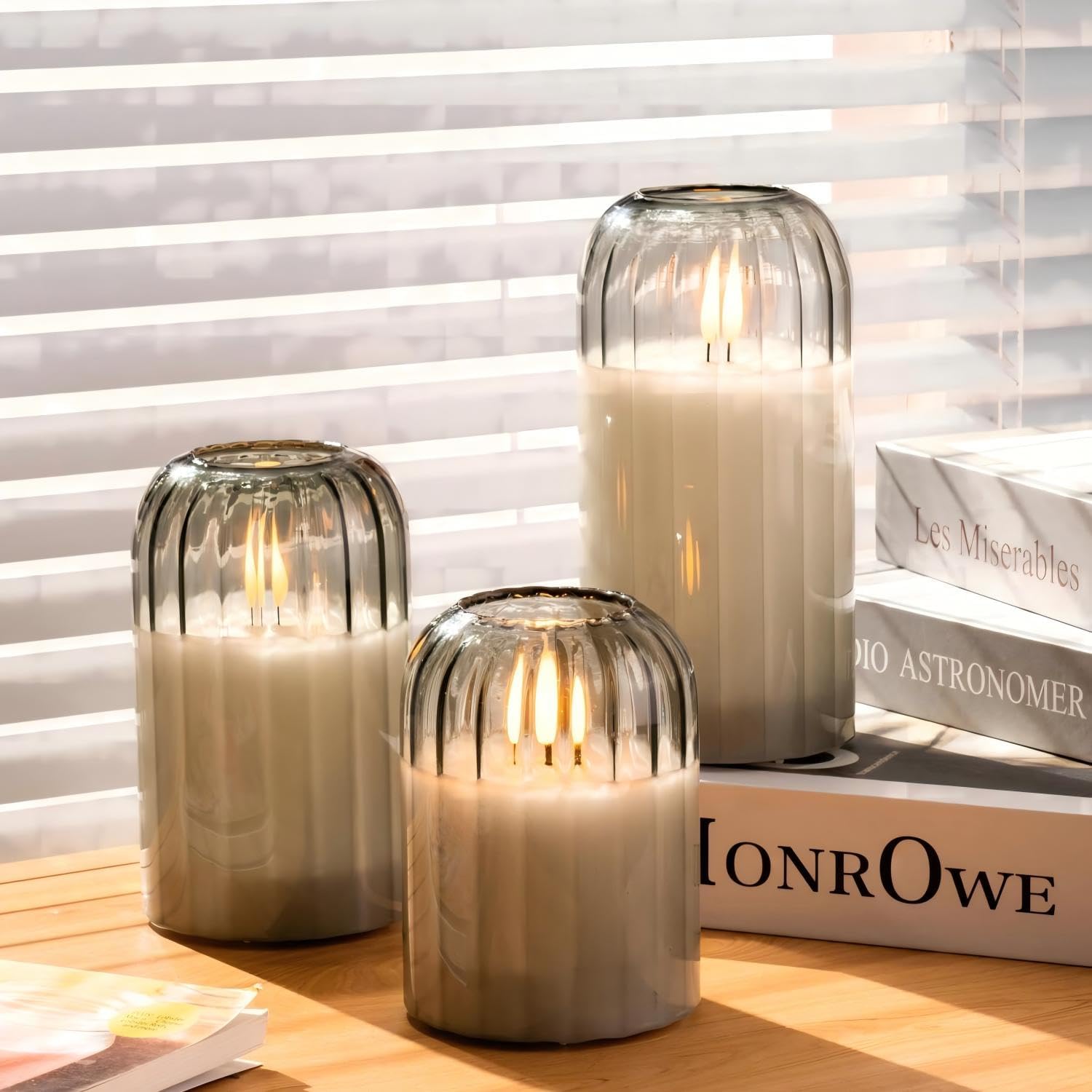 Glass Ribbed Flameless Candles - Battery Candles with Remote Timer, Green Glass LED Candles with Pumpkin Shape, Warm Light, Lasting 350 Hrs and Brightness Adjustment, Φ 3" H 4" 5" 6", Set of 3