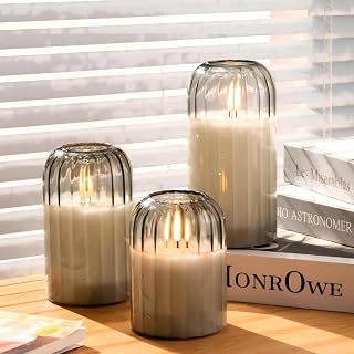 Glass Ribbed Flameless Candles - Battery Candles with Remote Timer, Green Glass LED Candles with Pumpkin Shape, Warm Light, Lasting 350 Hrs and Brightness Adjustment, Φ 3" H 4" 5" 6", Set of 3