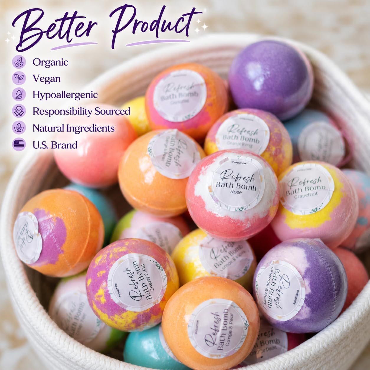 EvolutionUSA Refresh Bath Bombs for Women & Kids – 24 Bath Bombs Mini Sized, Organic Bathbomb Set, Women & Kids Bath Fizz, Luxury Gift for Mother’s Day, Easter, Valentines, Birthday or Self Care