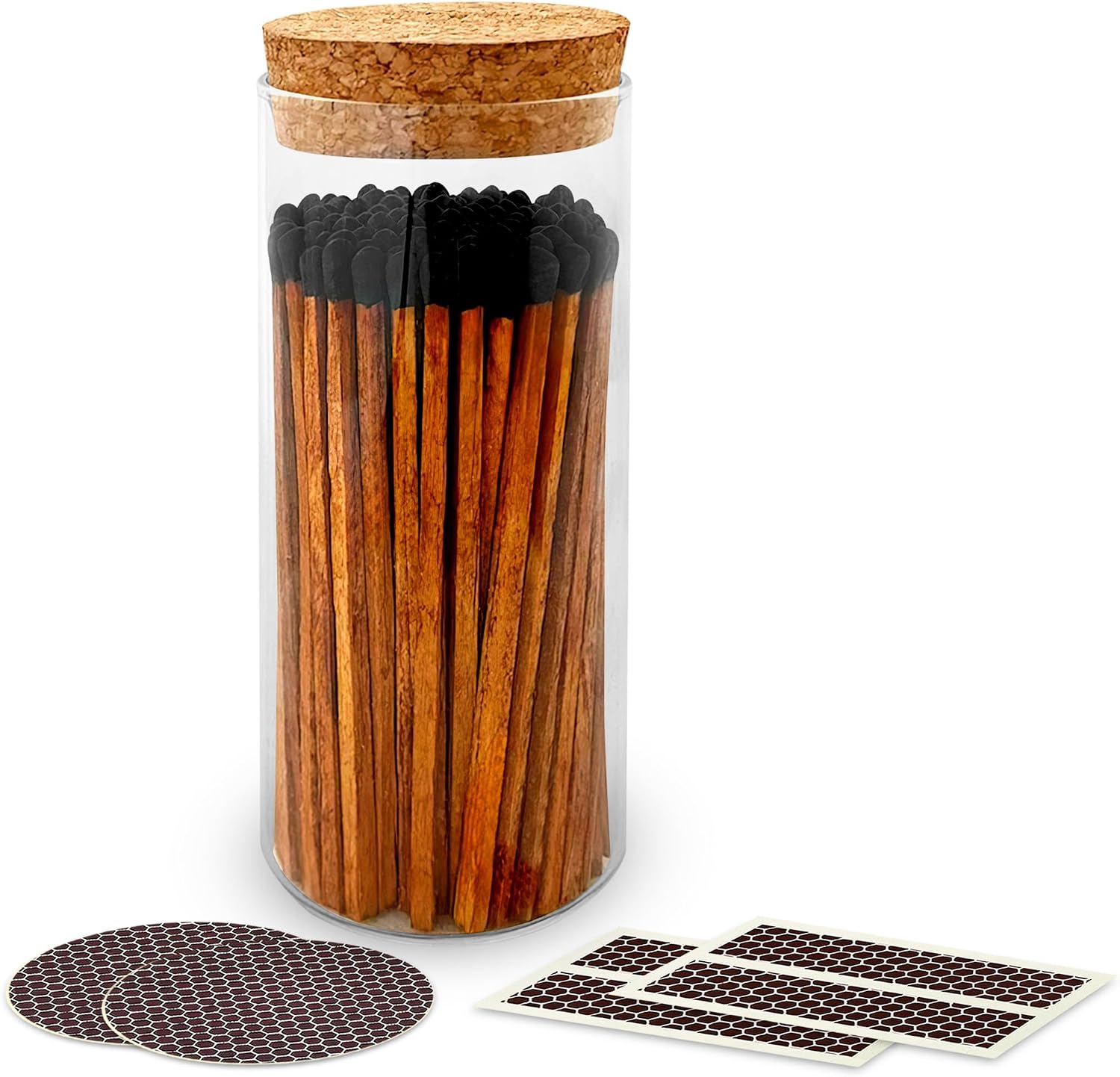Decorative Matches in a Glass Jar | 4" Espresso Long Matches (100 match sticks) + Cork Top Glass Holder + Striker Stickers | Gifts, Décor, & Candle Accessories | by Thankful Greetings, USA