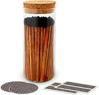 Decorative Matches in a Glass Jar | 4" Espresso Long Matches (100 match sticks) + Cork Top Glass Holder + Striker Stickers | Gifts, Décor, & Candle Accessories | by Thankful Greetings, USA