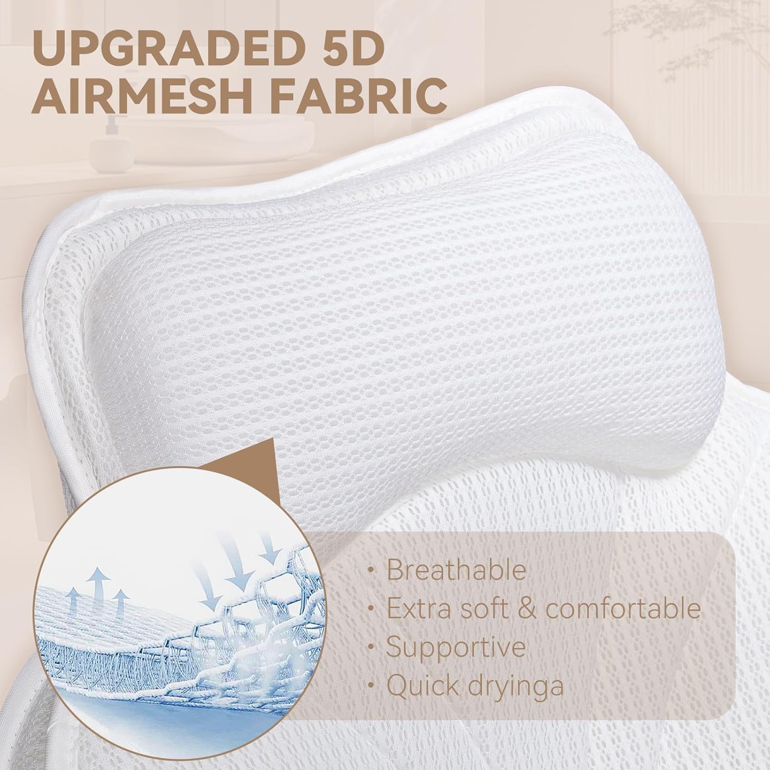Bath Pillows for Tub - Luxury Bathtub Pillow Neck, Head, Back Support, Soft 5D Mesh Fabric and Non-Slip Suction Cups & Quick Dry, Fits All Tubs, Bath Soaking Accessories Spa Gifts, White