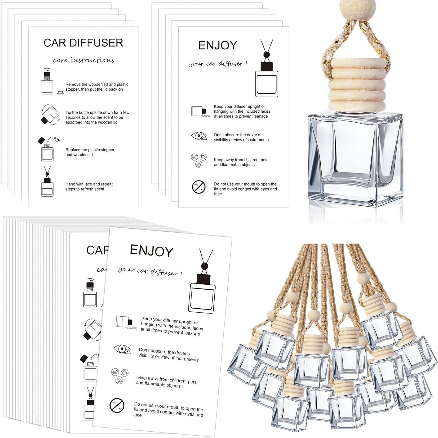 Boao 50 Sets Hanging Car Air Freshener Diffuser Bottles with 2 x 3.54 Inch Car Diffuser Instructions Cards for Empty Essential Oil Bottles(White Card,Flat Square)